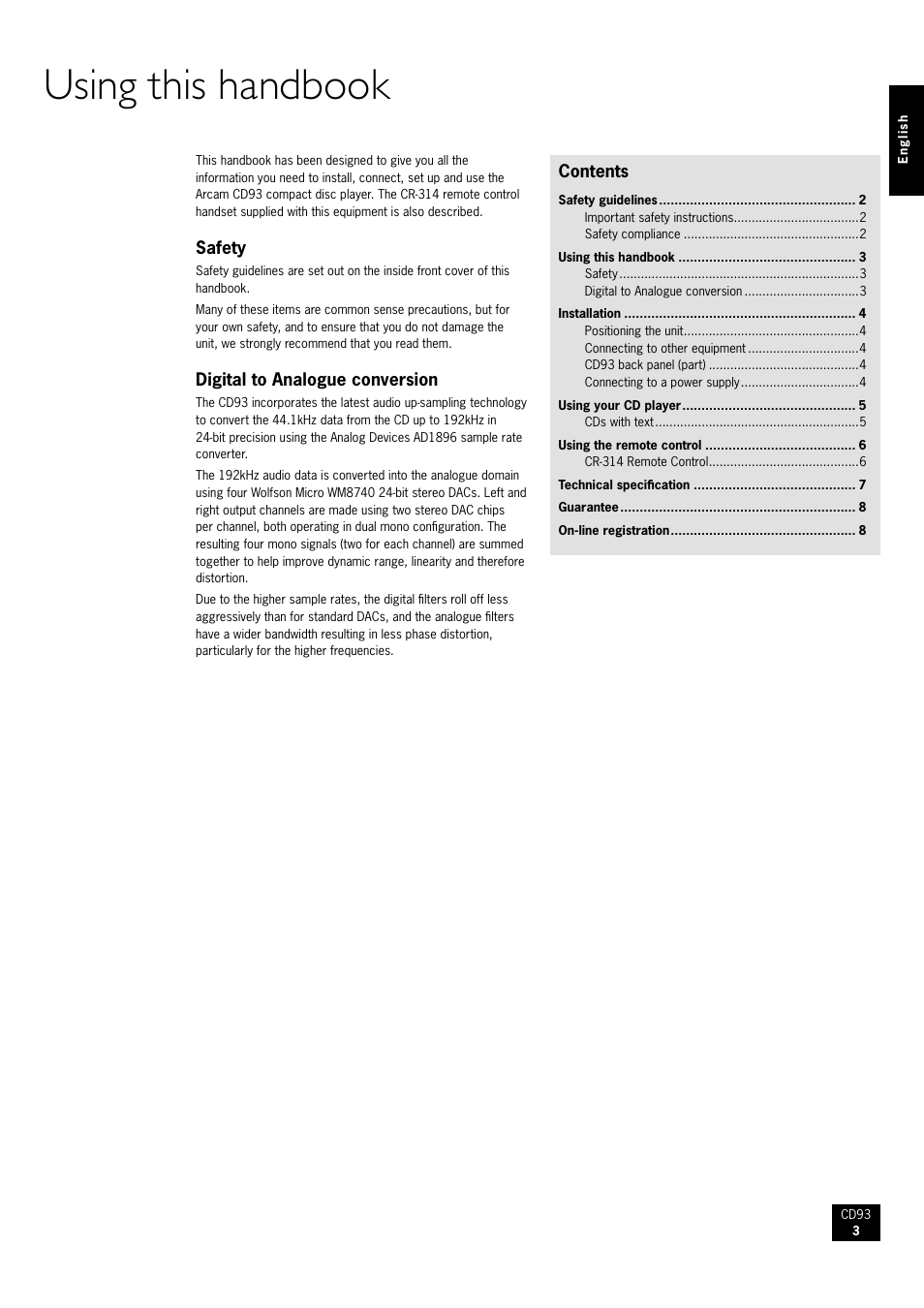 Using this handbook, Safety, Digital to analogue conversion | Arcam CD93 Compact Disc player CD93/92 User Manual | Page 3 / 8