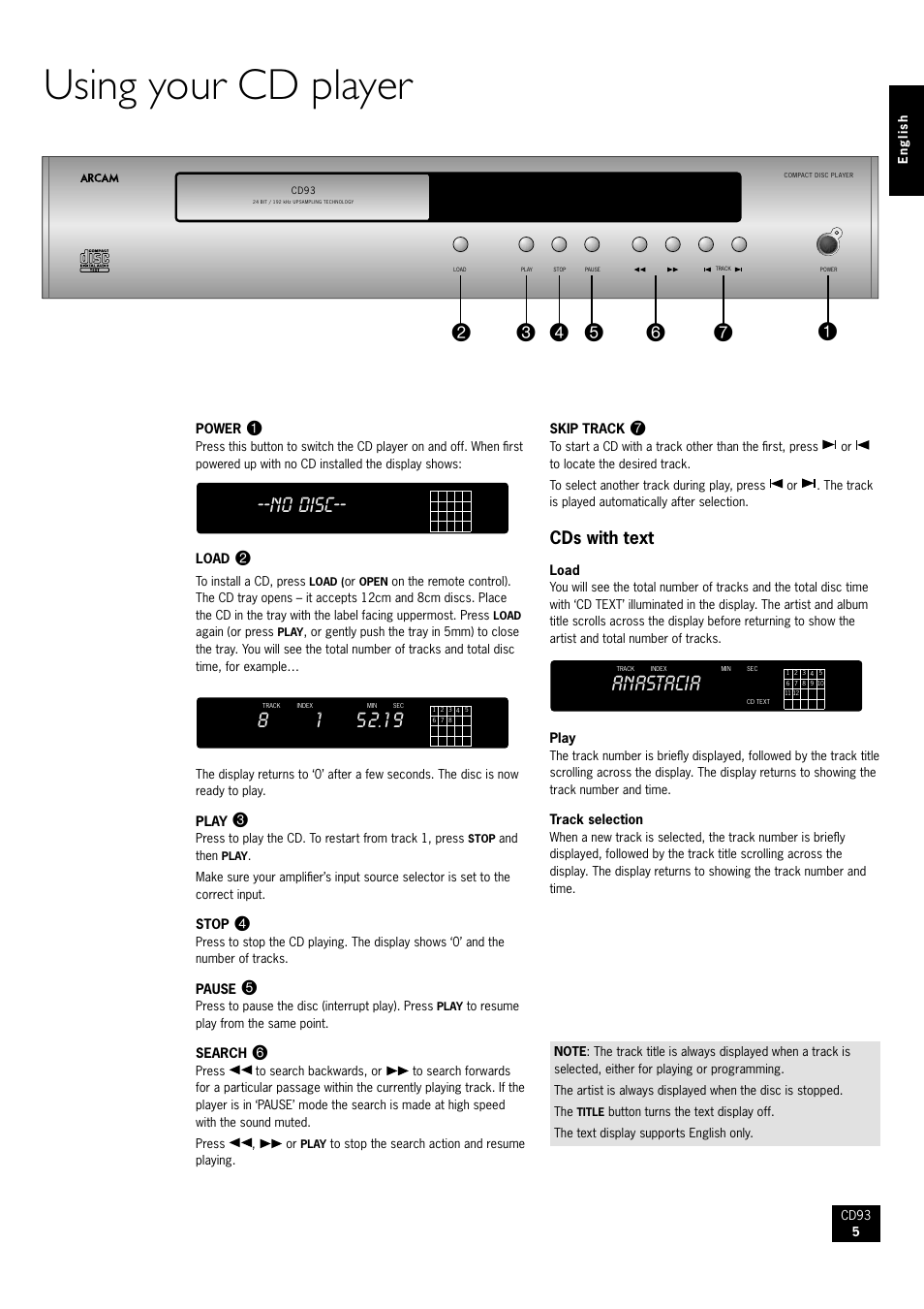 Using your cd player, Cds with text, No disc | Anastacia | Arcam CD93 Compact Disc player CD93/92 User Manual | Page 5 / 8