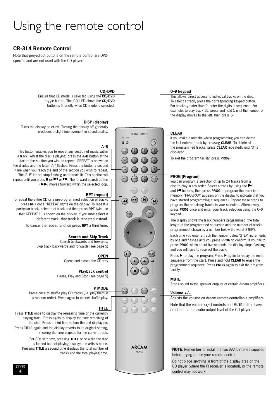 Using the remote control, Cr-314 remote control | Arcam CD93 Compact Disc player CD93/92 User Manual | Page 6 / 8