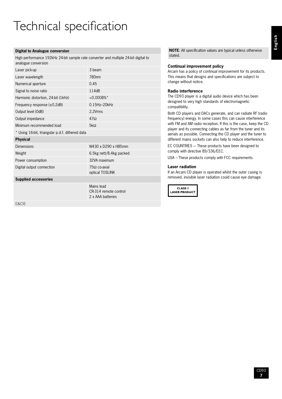Technical specification | Arcam CD93 Compact Disc player CD93/92 User Manual | Page 7 / 8