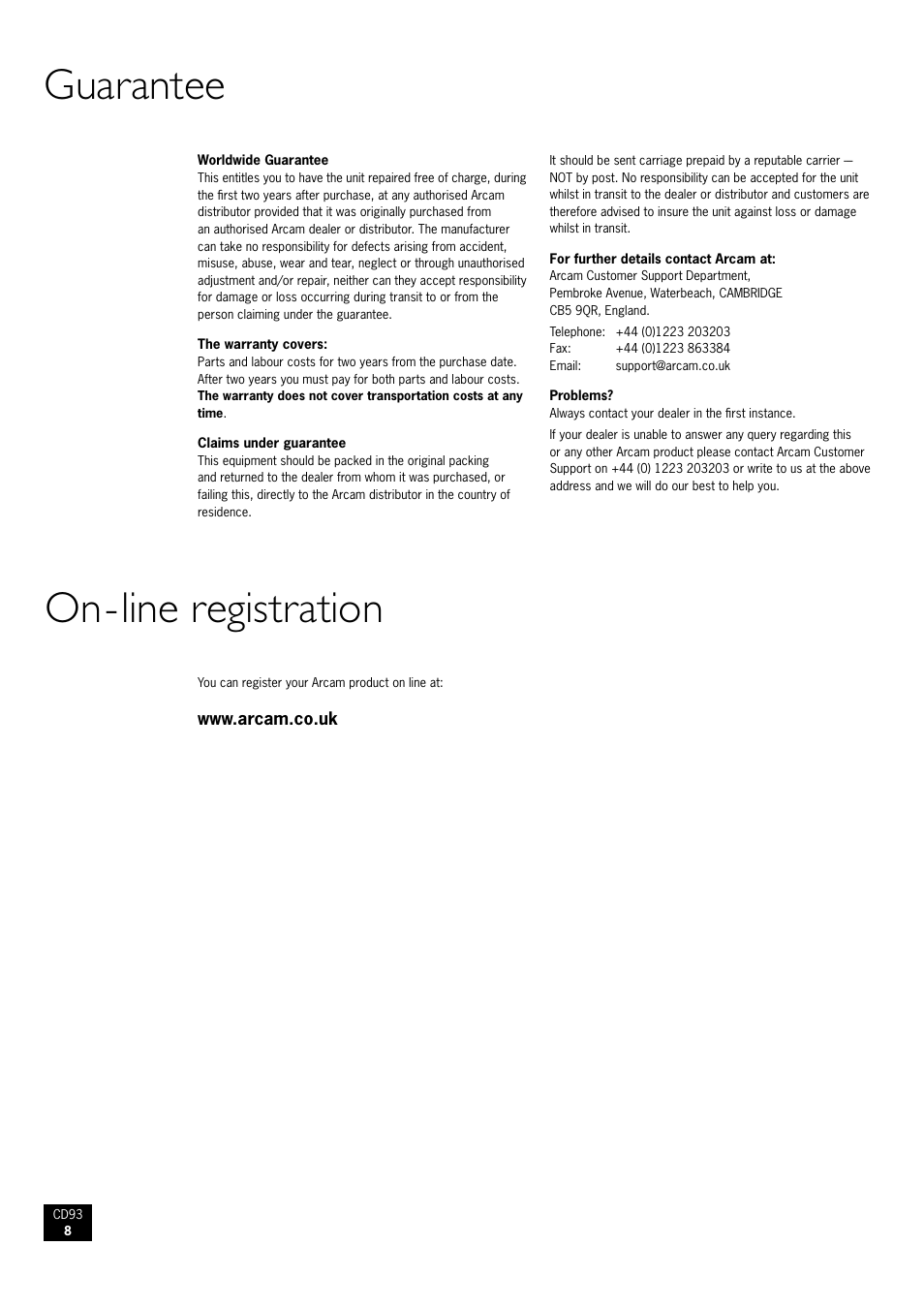 Guarantee, On-line registration, 8 on-line registration | Guarantee on-line registration | Arcam CD93 Compact Disc player CD93/92 User Manual | Page 8 / 8