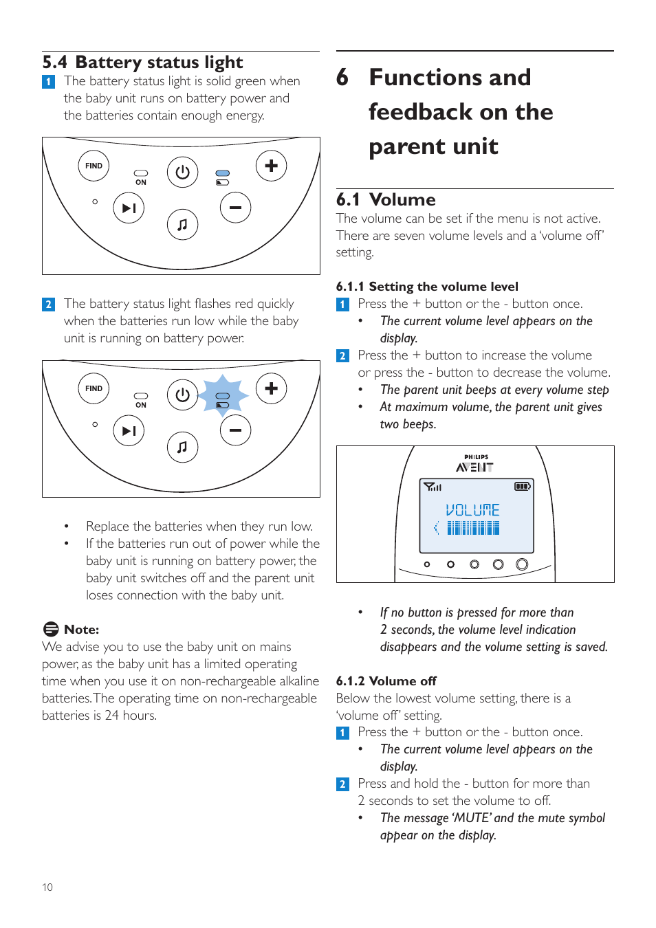 6 functions and feedback on the parent unit, 1 volume, 4 battery status light | Philips AVENT Écoute-bébé DECT User Manual | Page 10 / 328