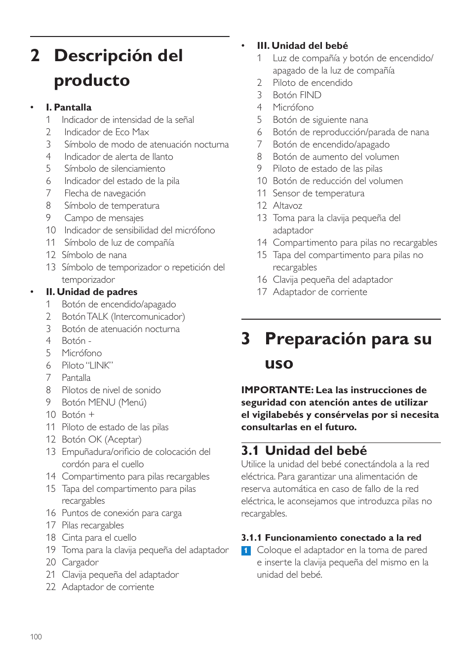 3 preparación para su uso, 2 descripción del producto, 1 unidad del bebé | Philips AVENT Écoute-bébé DECT User Manual | Page 100 / 328