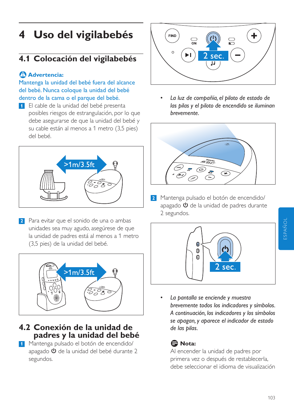 4 uso del vigilabebés, 1 colocación del vigilabebés | Philips AVENT Écoute-bébé DECT User Manual | Page 103 / 328