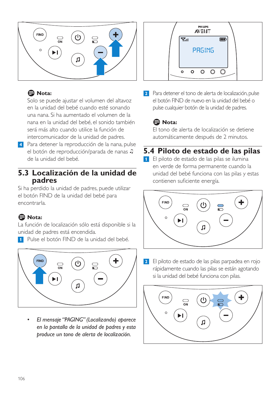 4 piloto de estado de las pilas, 3 localización de la unidad de padres | Philips AVENT Écoute-bébé DECT User Manual | Page 106 / 328