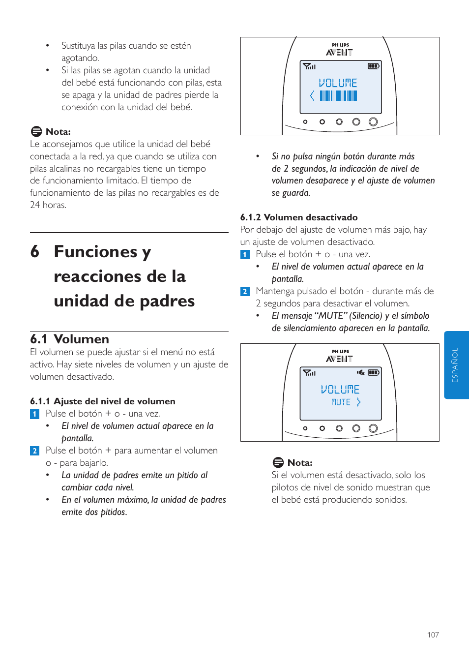 6 funciones y reacciones de la unidad de padres, 1 volumen | Philips AVENT Écoute-bébé DECT User Manual | Page 107 / 328