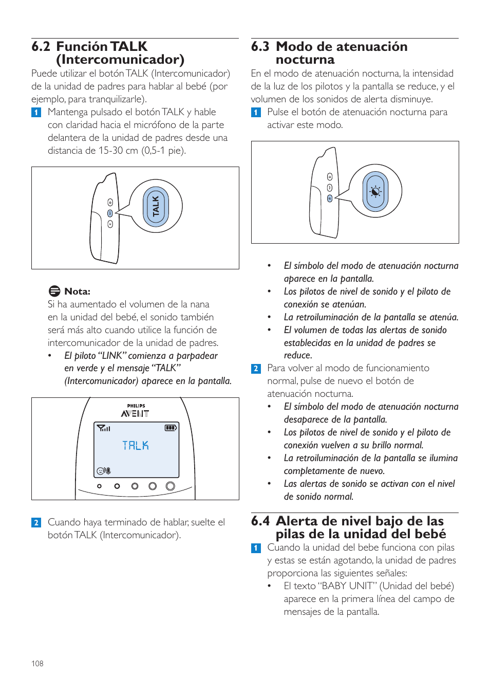 3 modo de atenuación nocturna, 2 función talk (intercomunicador) | Philips AVENT Écoute-bébé DECT User Manual | Page 108 / 328