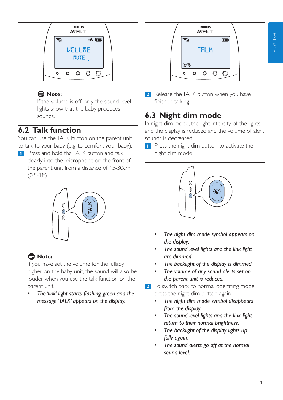 3 night dim mode, 2 talk function | Philips AVENT Écoute-bébé DECT User Manual | Page 11 / 328