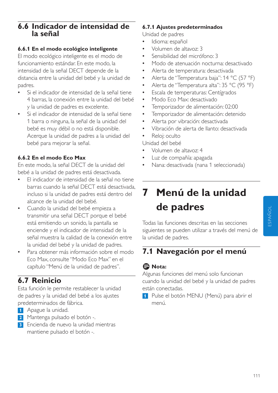 7 menú de la unidad de padres, 1 navegación por el menú, 6 indicador de intensidad de la señal | 7 reinicio | Philips AVENT Écoute-bébé DECT User Manual | Page 111 / 328