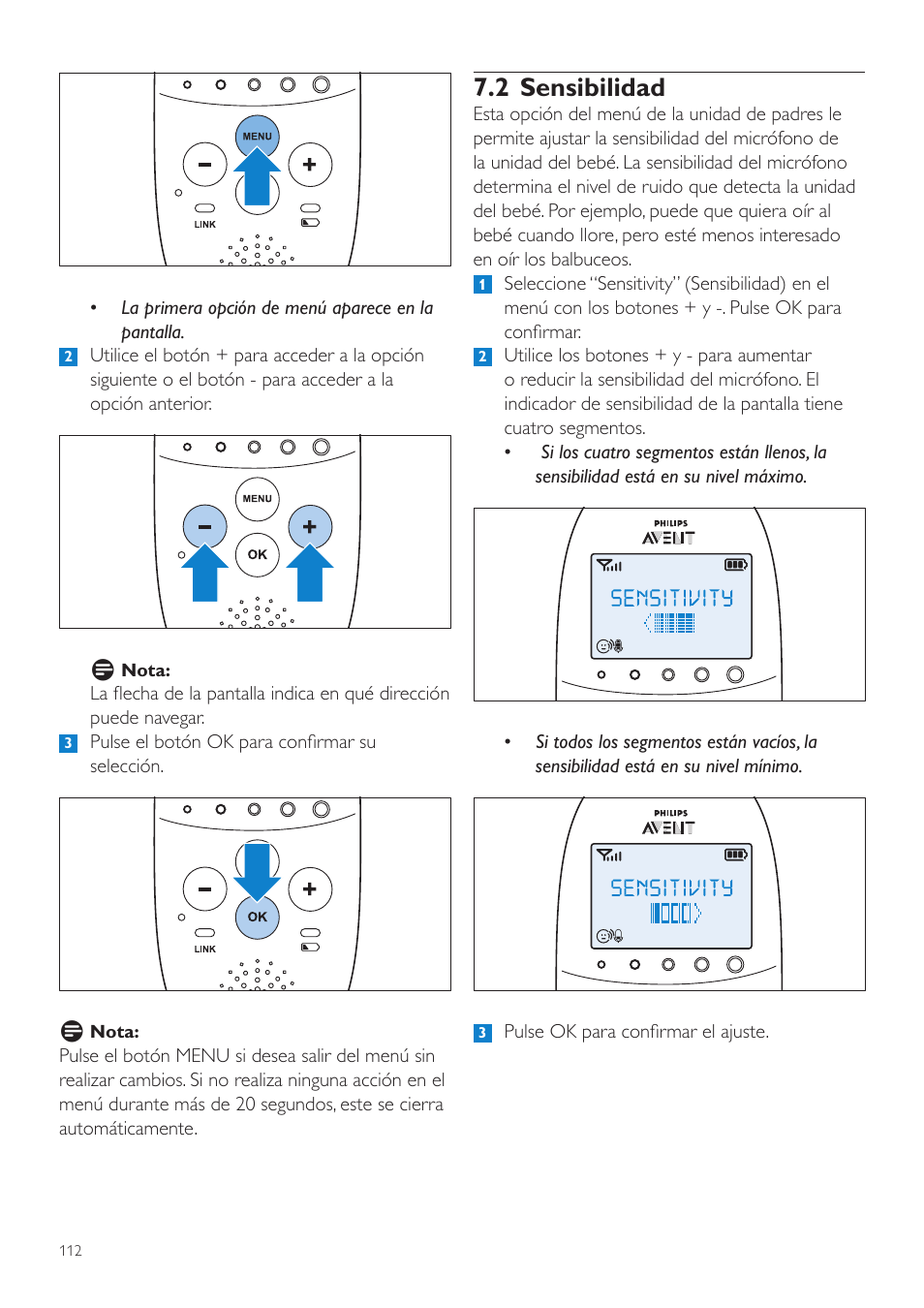 2 sensibilidad | Philips AVENT Écoute-bébé DECT User Manual | Page 112 / 328