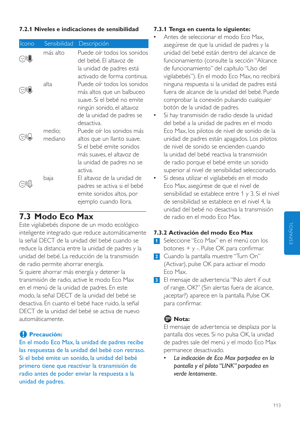 3 modo eco max | Philips AVENT Écoute-bébé DECT User Manual | Page 113 / 328