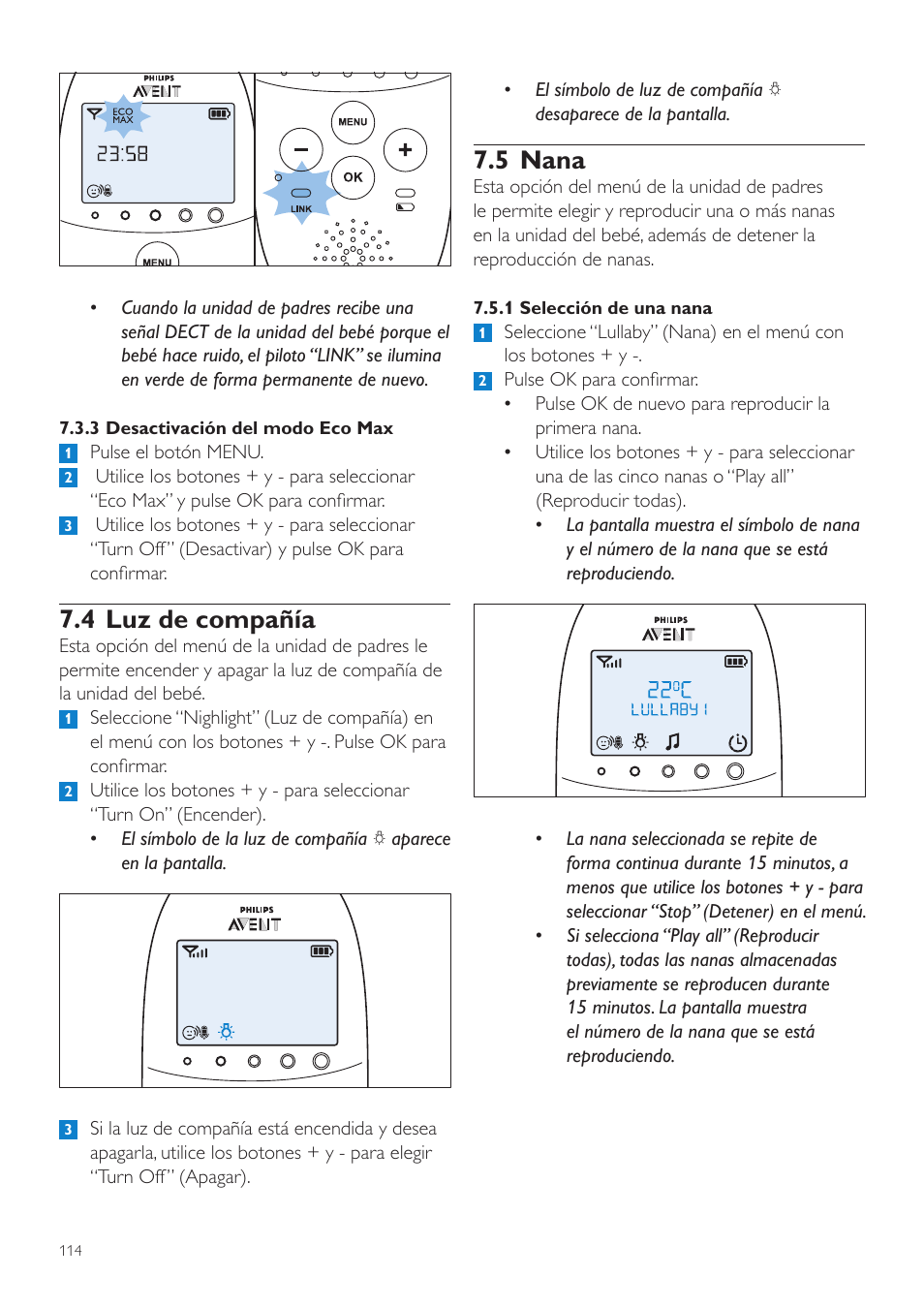 5 nana, 4 luz de compañía | Philips AVENT Écoute-bébé DECT User Manual | Page 114 / 328