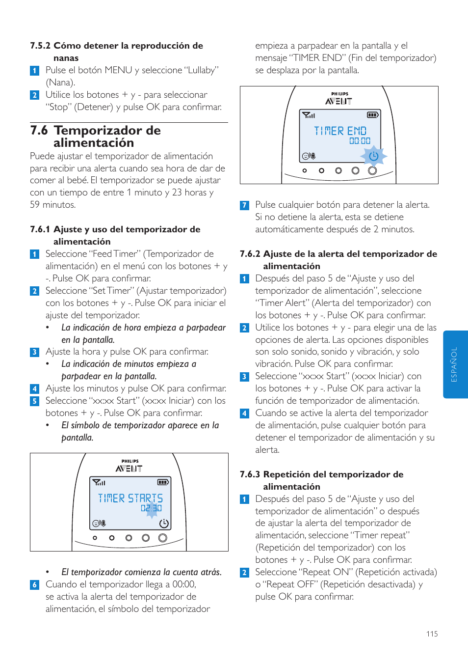 6 temporizador de alimentación | Philips AVENT Écoute-bébé DECT User Manual | Page 115 / 328