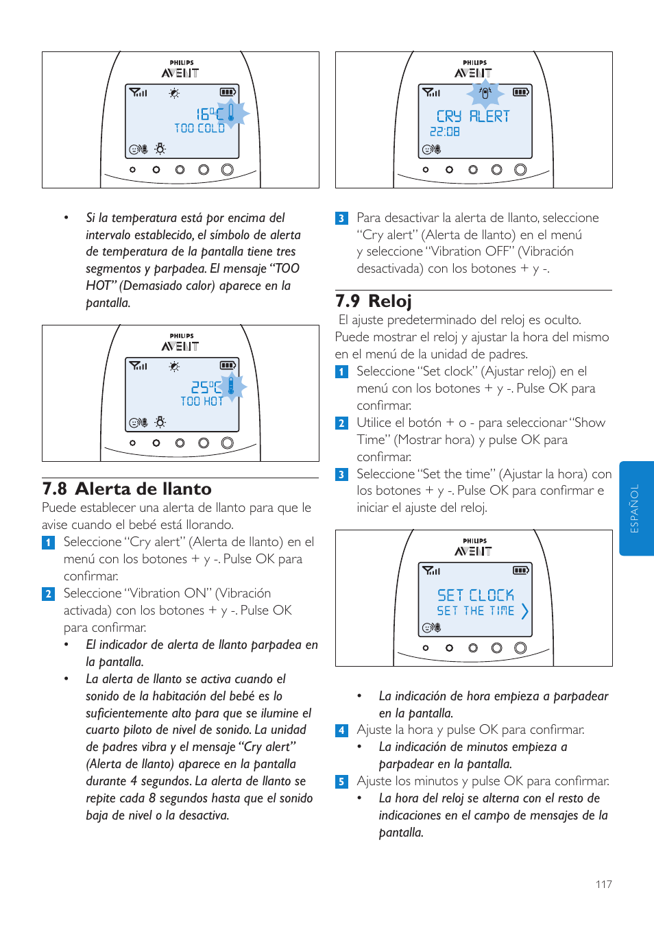 9 reloj, 8 alerta de llanto | Philips AVENT Écoute-bébé DECT User Manual | Page 117 / 328