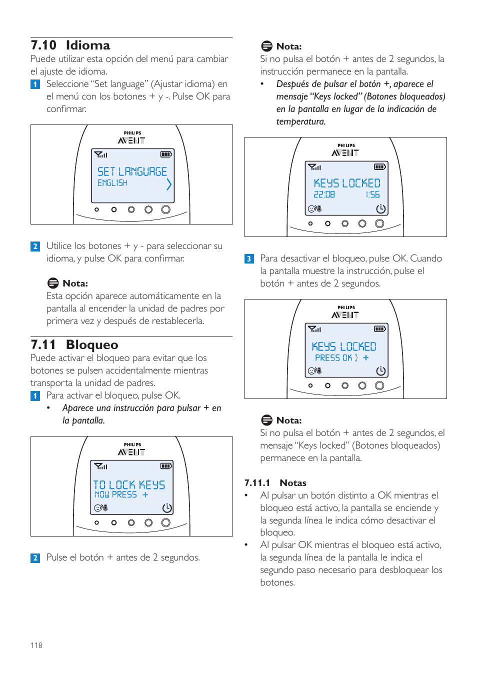 10 idioma, 11 bloqueo | Philips AVENT Écoute-bébé DECT User Manual | Page 118 / 328