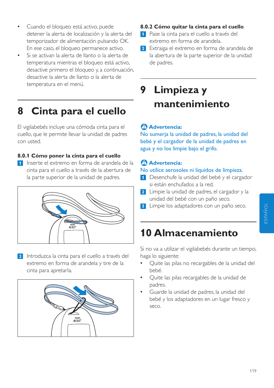 9 limpieza y mantenimiento, 10 almacenamiento, 8 cinta para el cuello | Philips AVENT Écoute-bébé DECT User Manual | Page 119 / 328