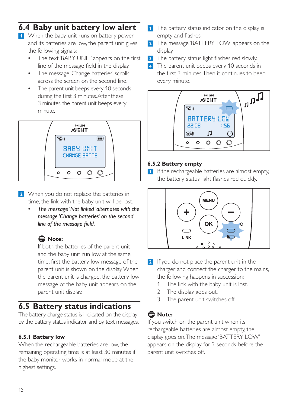 4 baby unit battery low alert, 5 battery status indications | Philips AVENT Écoute-bébé DECT User Manual | Page 12 / 328