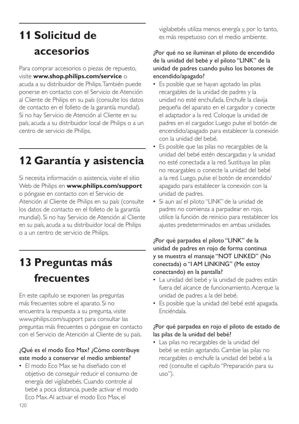 11 solicitud de accesorios, 12 garantía y asistencia, 13 preguntas más frecuentes | Philips AVENT Écoute-bébé DECT User Manual | Page 120 / 328