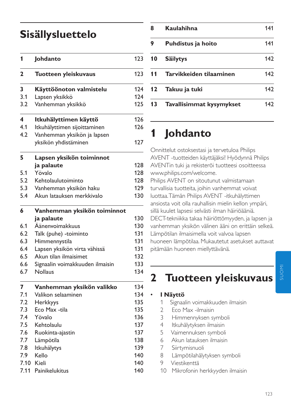 Suomi, Käyttöopas, 1 johdanto | 2 tuotteen yleiskuvaus, Sisällysluettelo | Philips AVENT Écoute-bébé DECT User Manual | Page 123 / 328