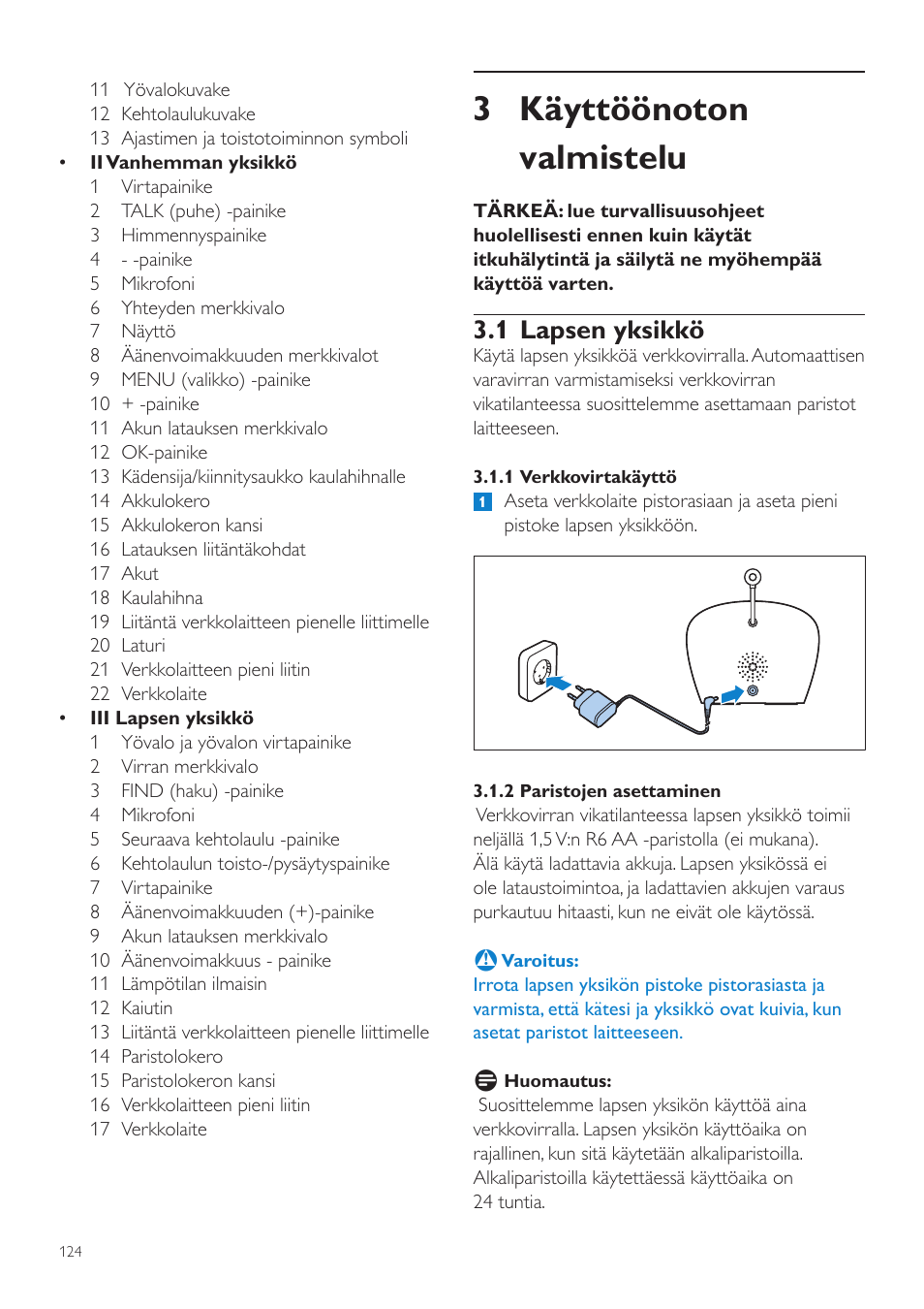 3 käyttöönoton valmistelu, 1 lapsen yksikkö | Philips AVENT Écoute-bébé DECT User Manual | Page 124 / 328