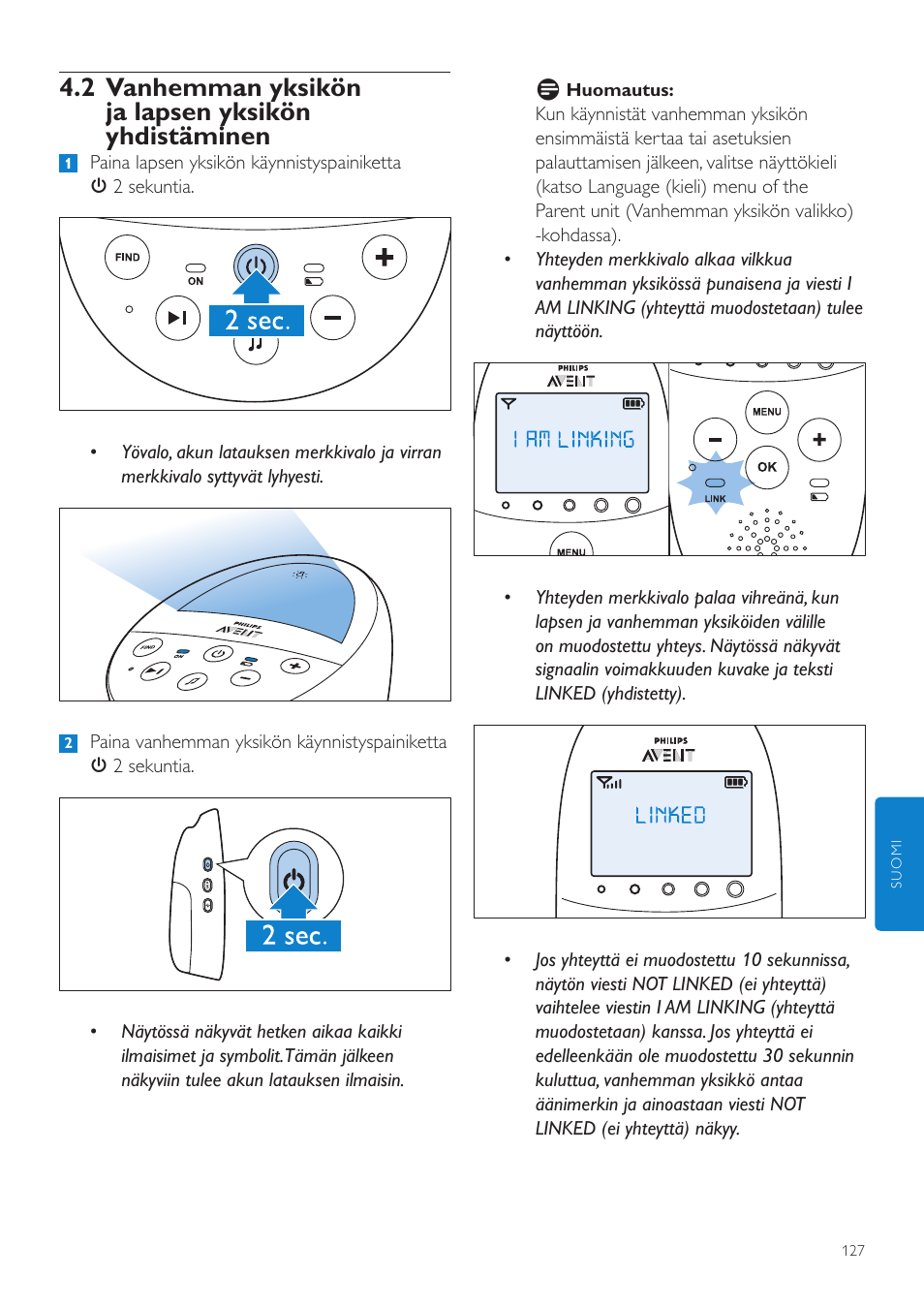 2 vanhemman yksikön ja lapsen yksikön yhdistäminen | Philips AVENT Écoute-bébé DECT User Manual | Page 127 / 328