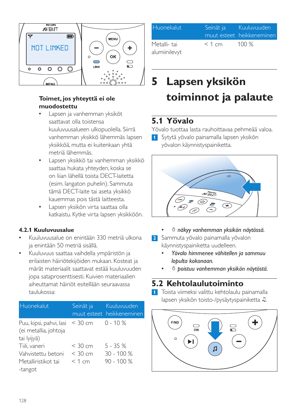 5 lapsen yksikön toiminnot ja palaute, 1 yövalo, 2 kehtolaulutoiminto | Philips AVENT Écoute-bébé DECT User Manual | Page 128 / 328