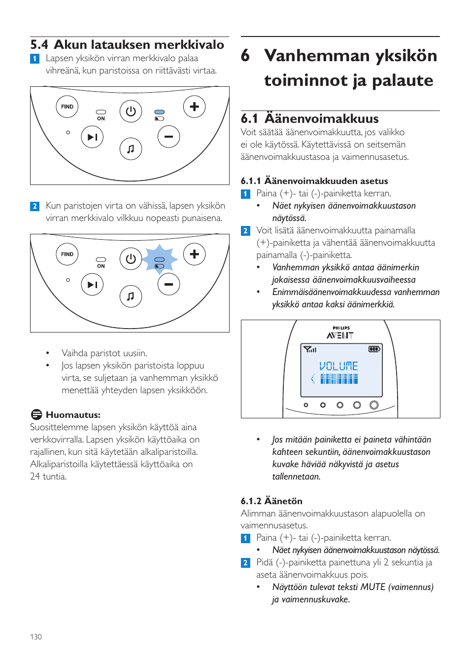 6 vanhemman yksikön toiminnot ja palaute, 1 äänenvoimakkuus, 4 akun latauksen merkkivalo | Philips AVENT Écoute-bébé DECT User Manual | Page 130 / 328