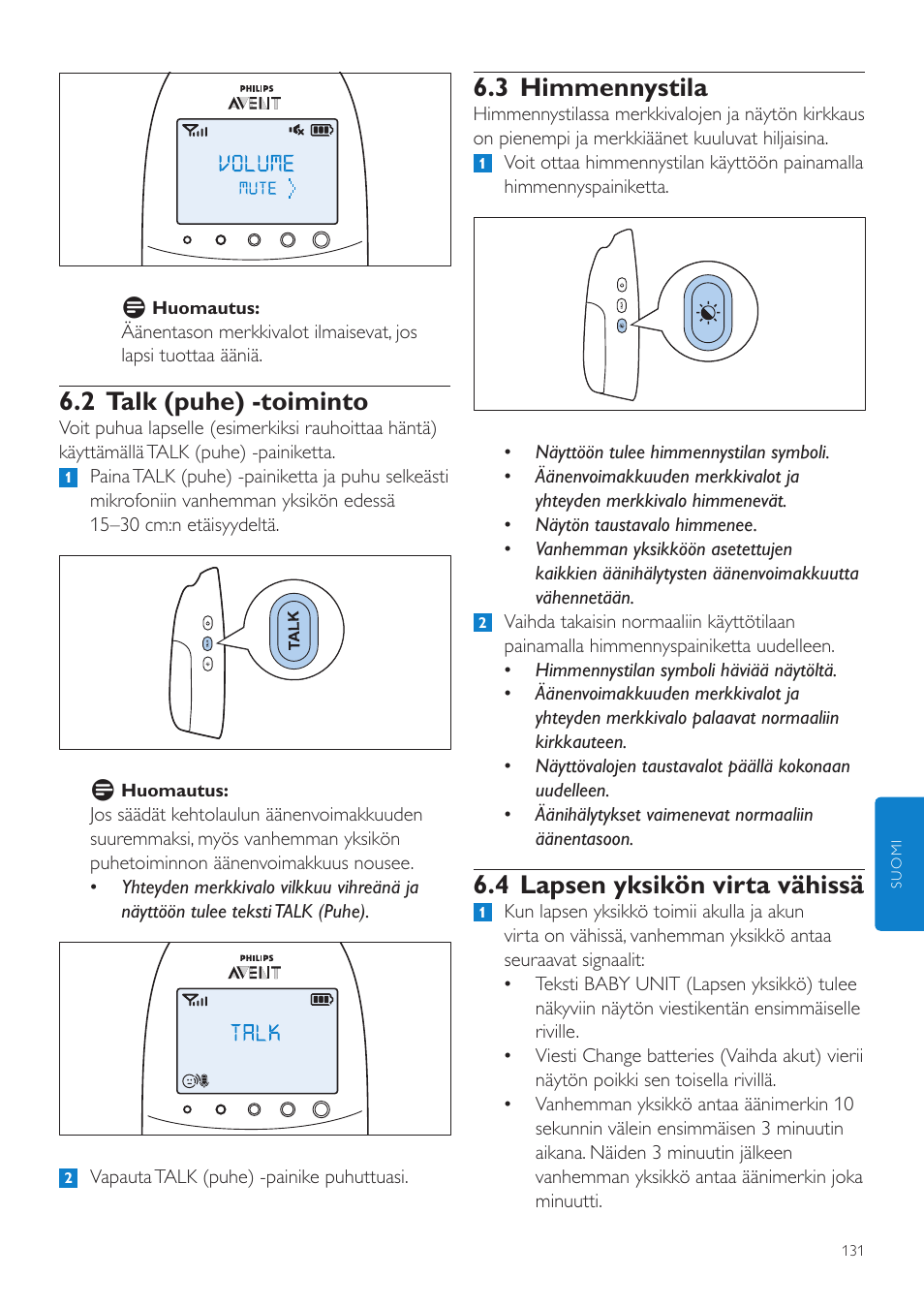 3 himmennystila, 4 lapsen yksikön virta vähissä, 2 talk (puhe) -toiminto | Philips AVENT Écoute-bébé DECT User Manual | Page 131 / 328