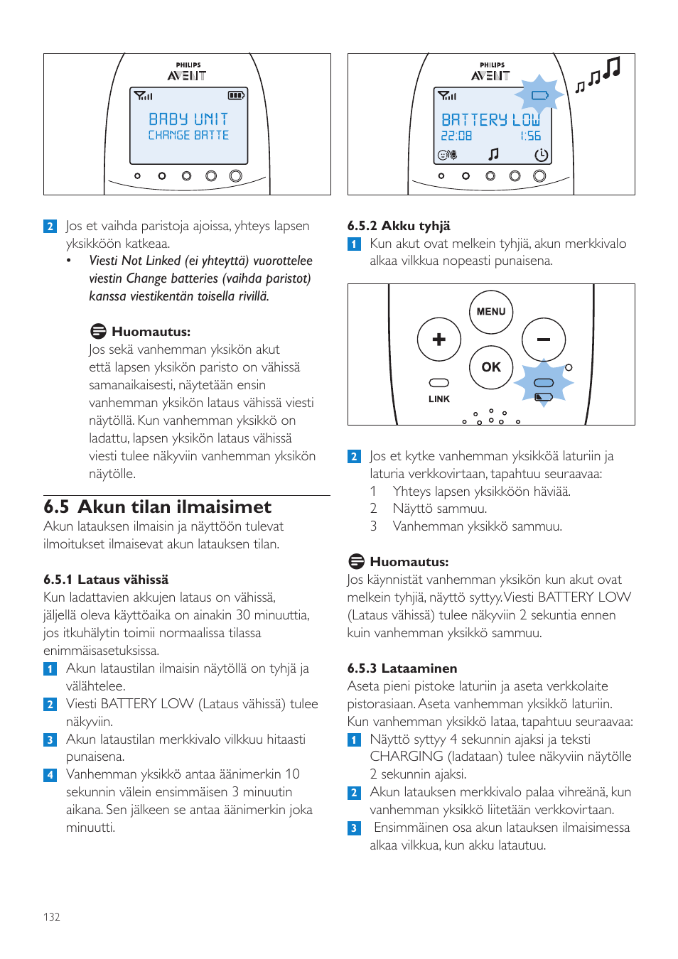 5 akun tilan ilmaisimet | Philips AVENT Écoute-bébé DECT User Manual | Page 132 / 328