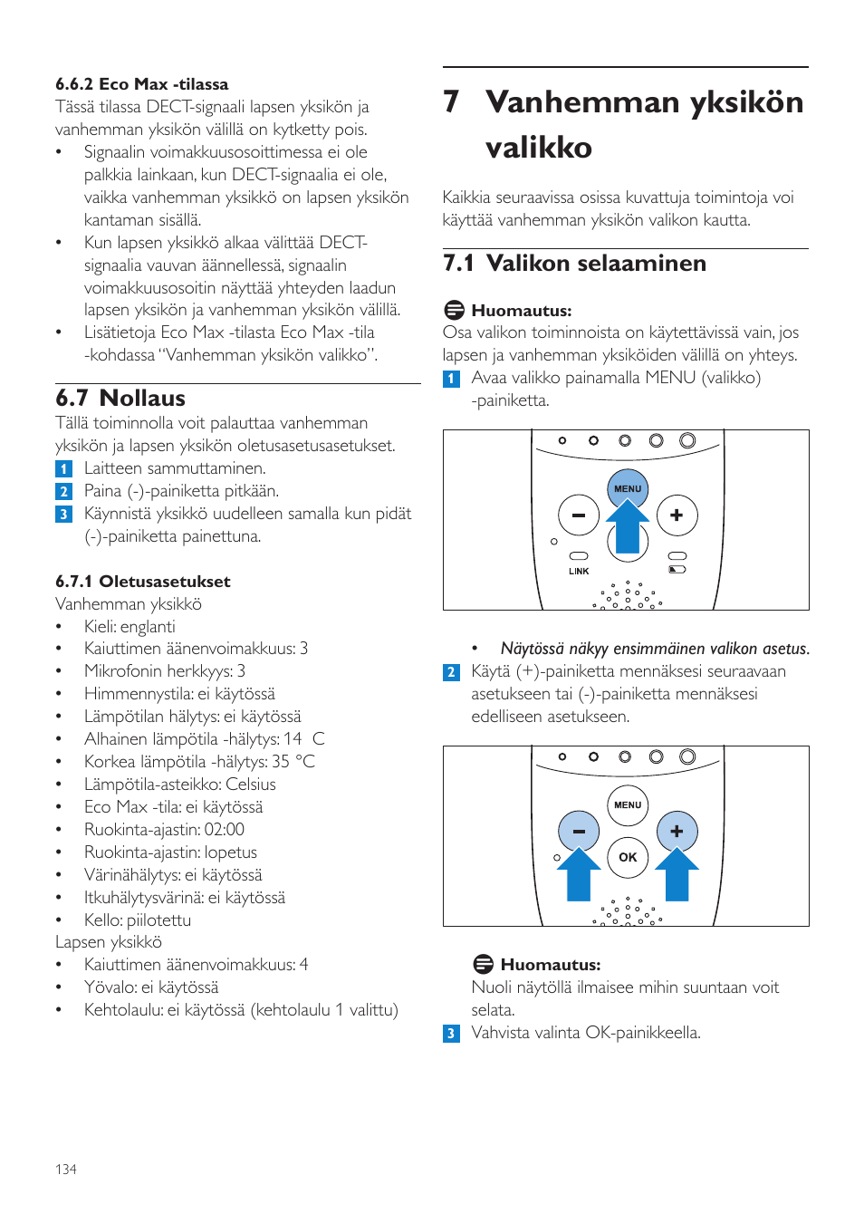 7 vanhemman yksikön valikko, 1 valikon selaaminen, 7 nollaus | Philips AVENT Écoute-bébé DECT User Manual | Page 134 / 328