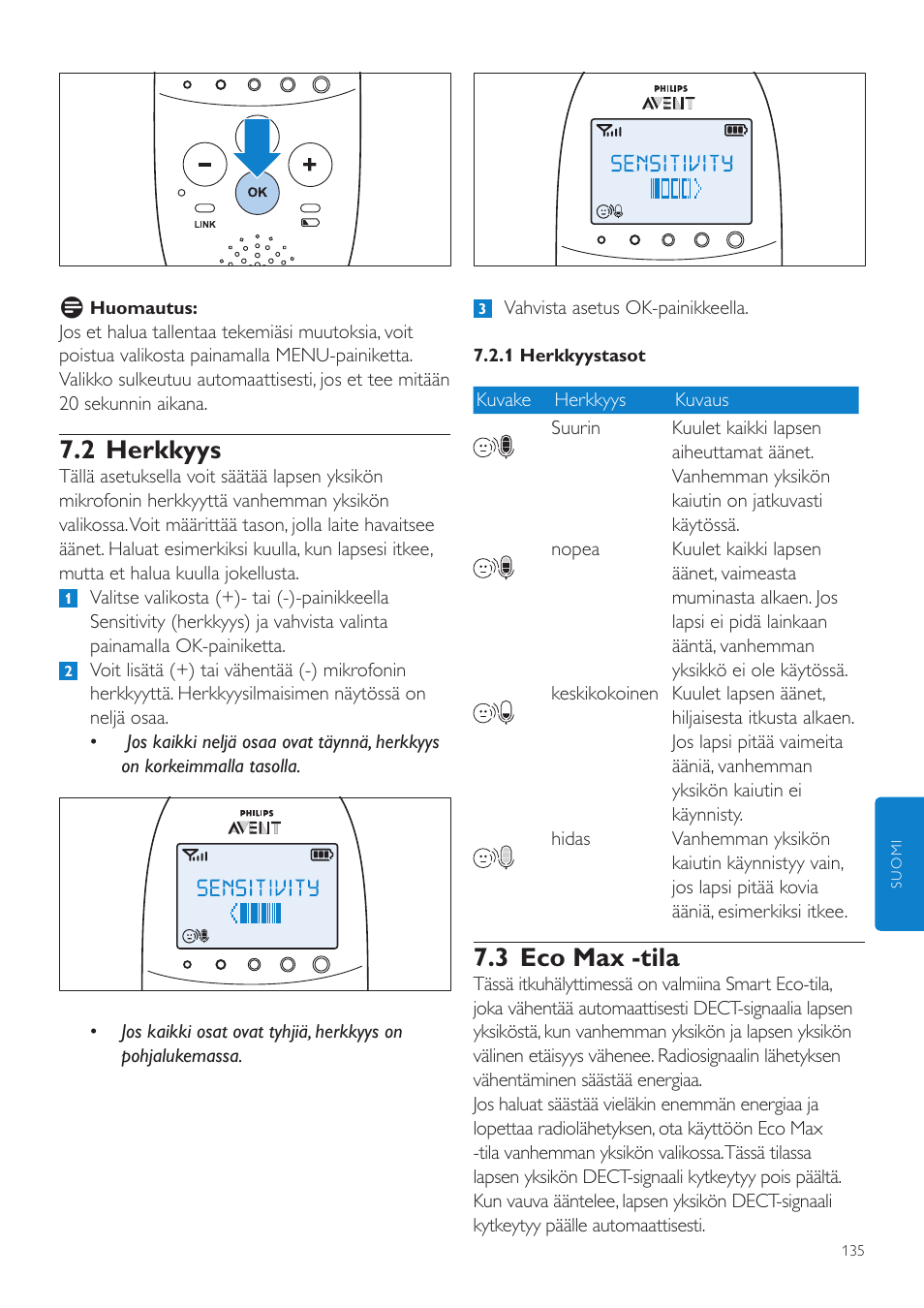 3 eco max -tila, 2 herkkyys | Philips AVENT Écoute-bébé DECT User Manual | Page 135 / 328