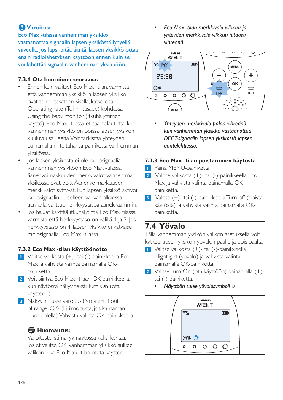 4 yövalo | Philips AVENT Écoute-bébé DECT User Manual | Page 136 / 328