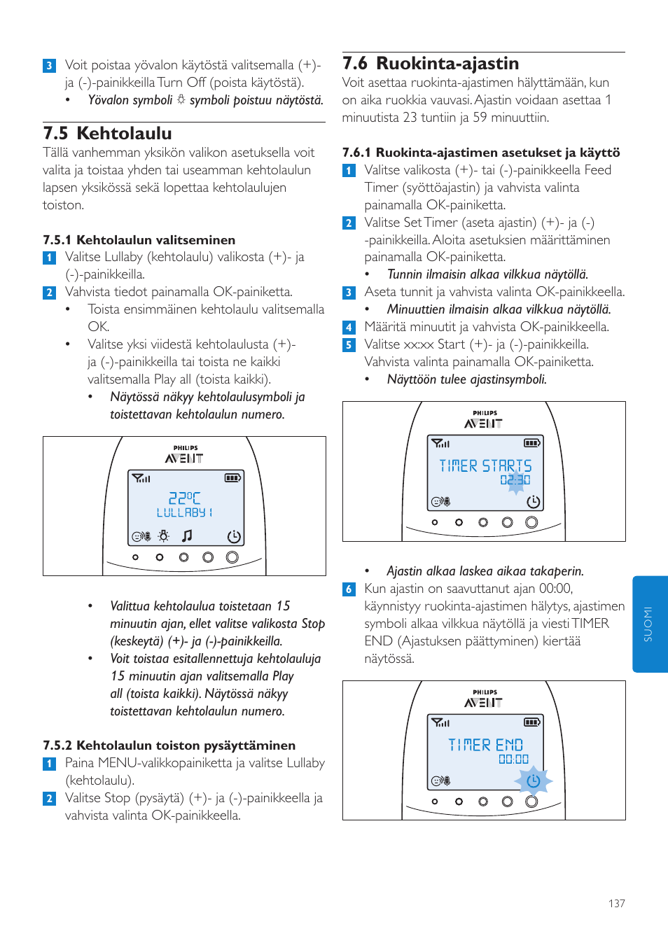 6 ruokinta-ajastin, 5 kehtolaulu | Philips AVENT Écoute-bébé DECT User Manual | Page 137 / 328