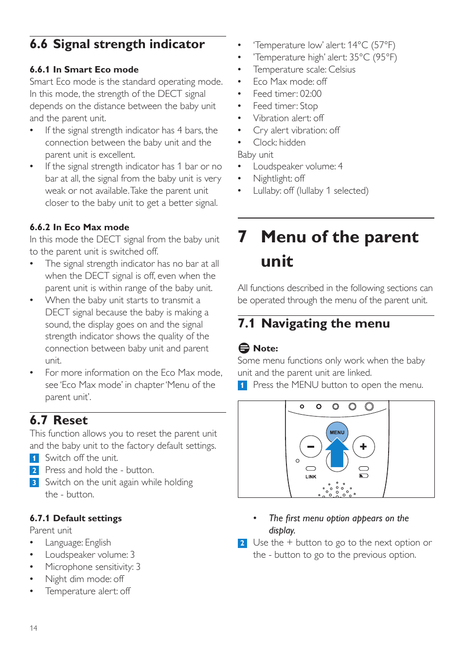 7 menu of the parent unit, 1 navigating the menu, 6 signal strength indicator | 7 reset | Philips AVENT Écoute-bébé DECT User Manual | Page 14 / 328