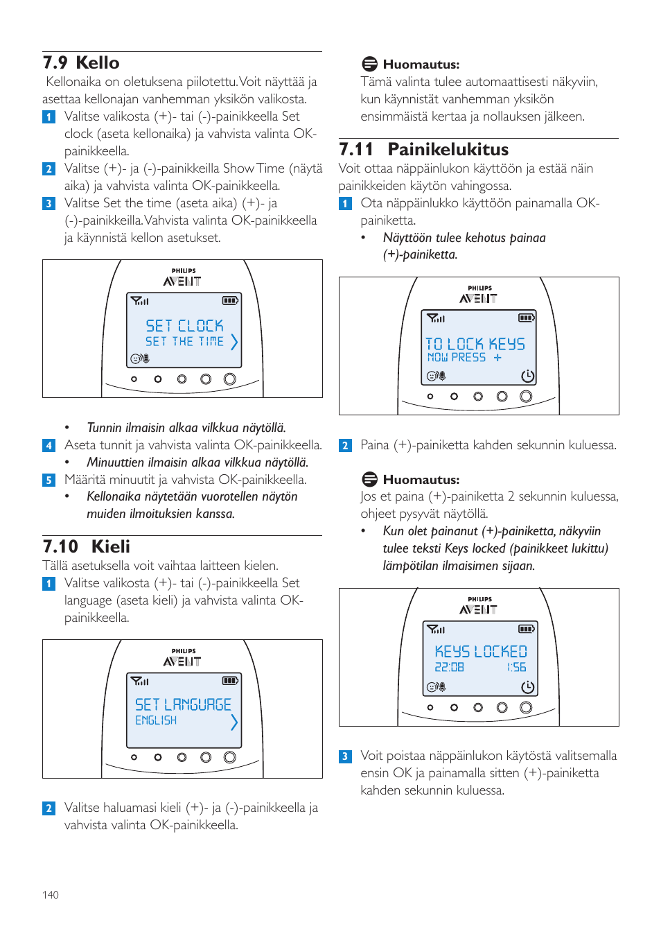 11 painikelukitus, 9 kello, 10 kieli | Philips AVENT Écoute-bébé DECT User Manual | Page 140 / 328