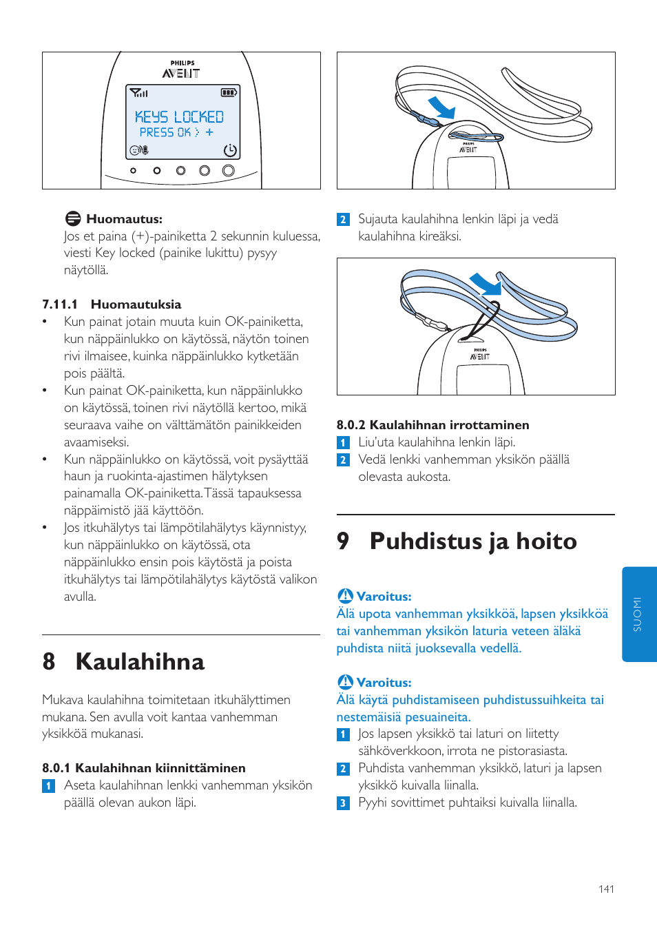 9 puhdistus ja hoito, 8 kaulahihna | Philips AVENT Écoute-bébé DECT User Manual | Page 141 / 328