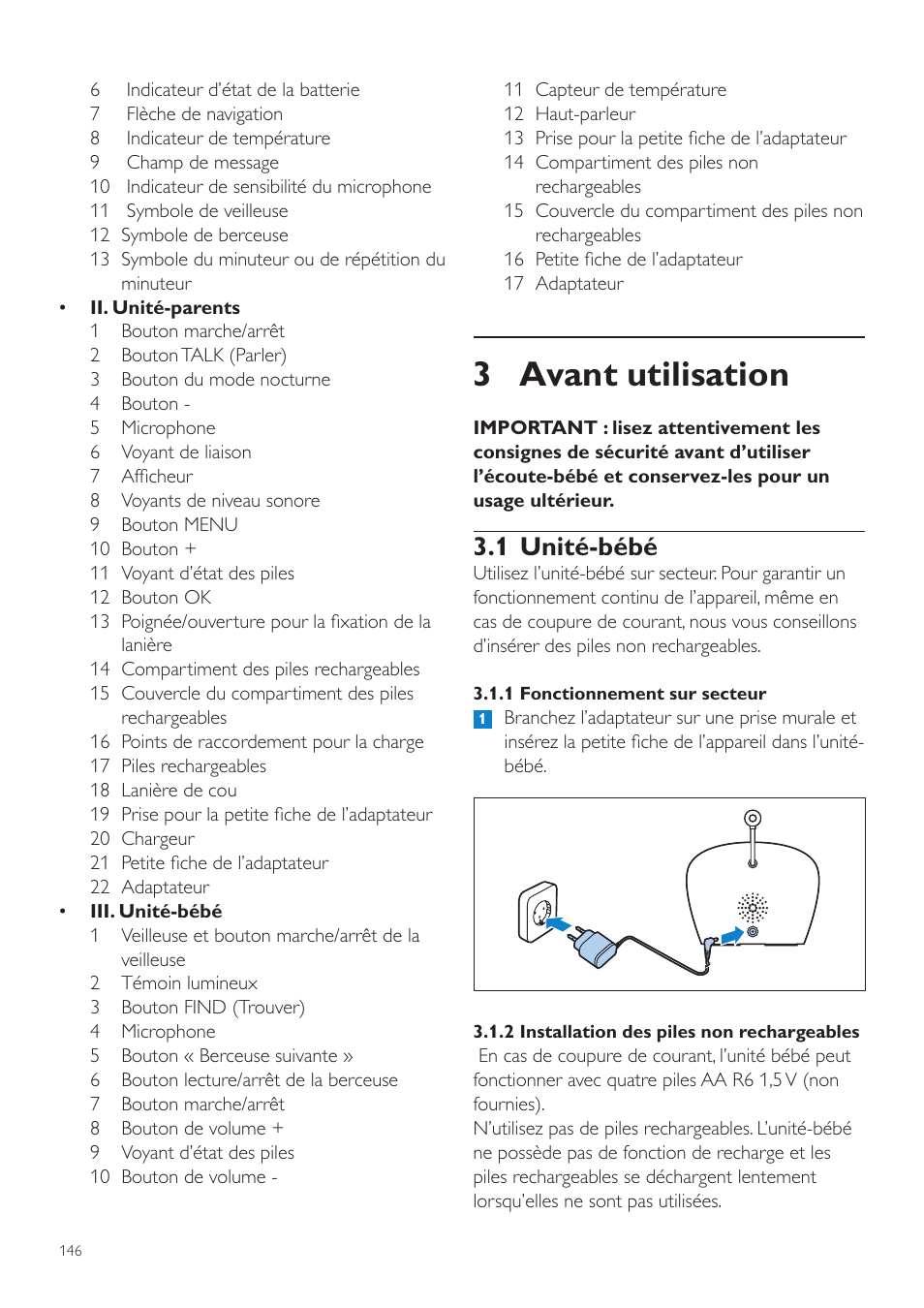 3 avant utilisation, 1 unité-bébé | Philips AVENT Écoute-bébé DECT User Manual | Page 146 / 328