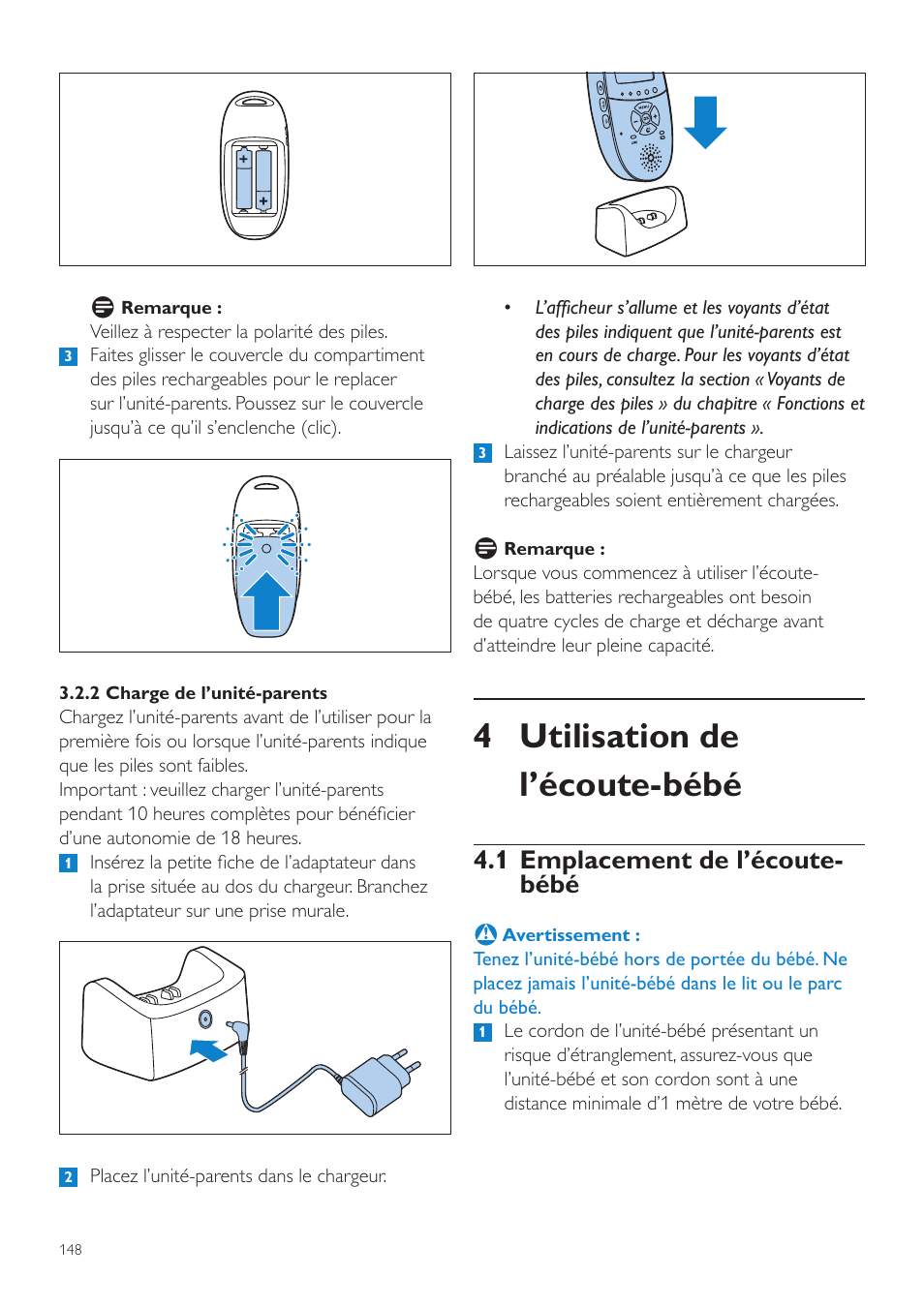 4 utilisation de l’écoute-bébé, 1 emplacement de l’écoute- bébé | Philips AVENT Écoute-bébé DECT User Manual | Page 148 / 328