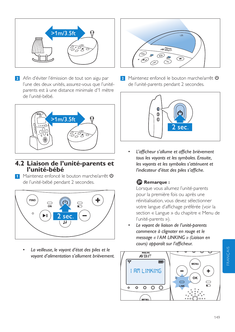 2 liaison de l’unité-parents et l’unité-bébé | Philips AVENT Écoute-bébé DECT User Manual | Page 149 / 328