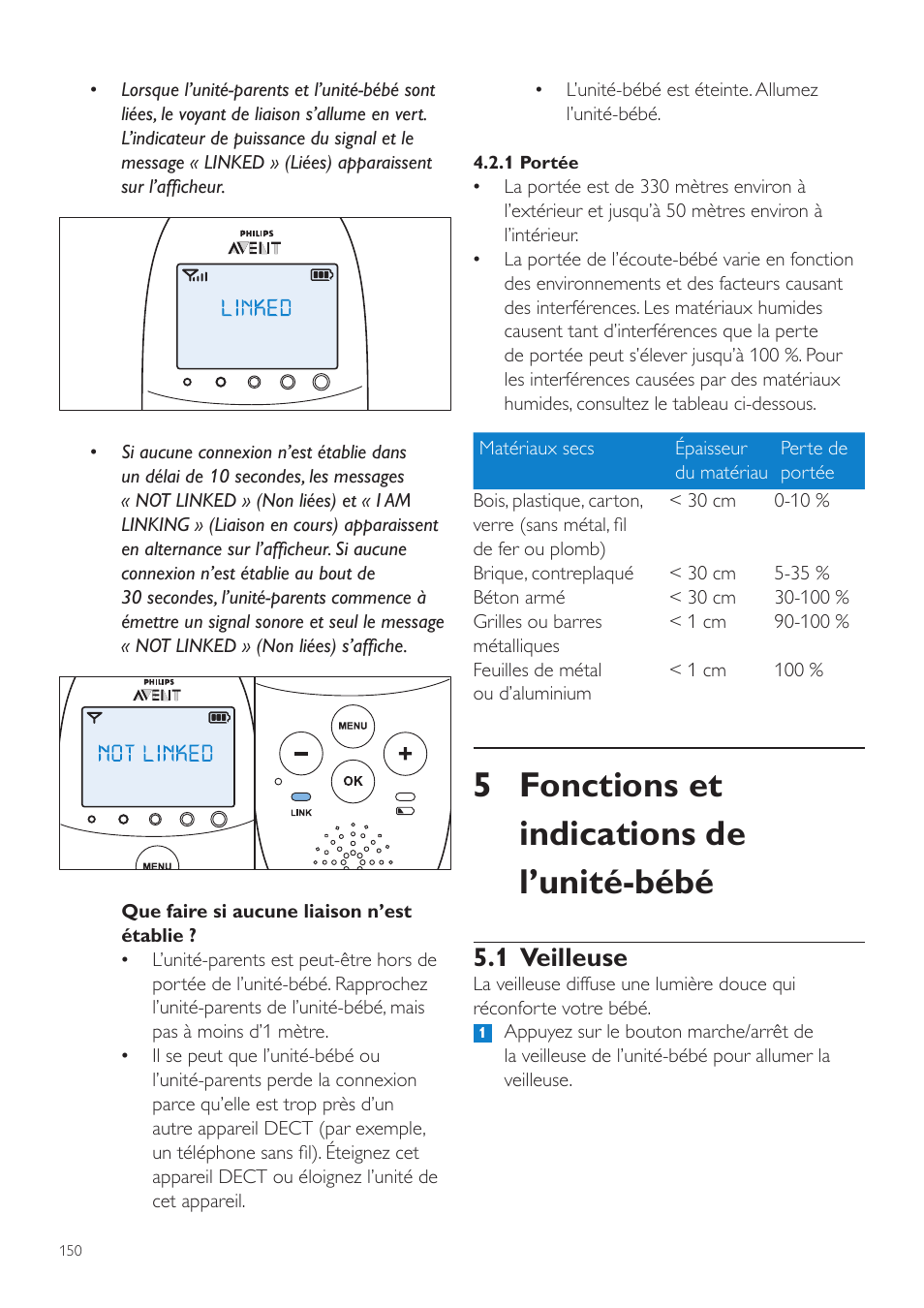 5 fonctions et indications de l’unité-bébé, 1 veilleuse | Philips AVENT Écoute-bébé DECT User Manual | Page 150 / 328