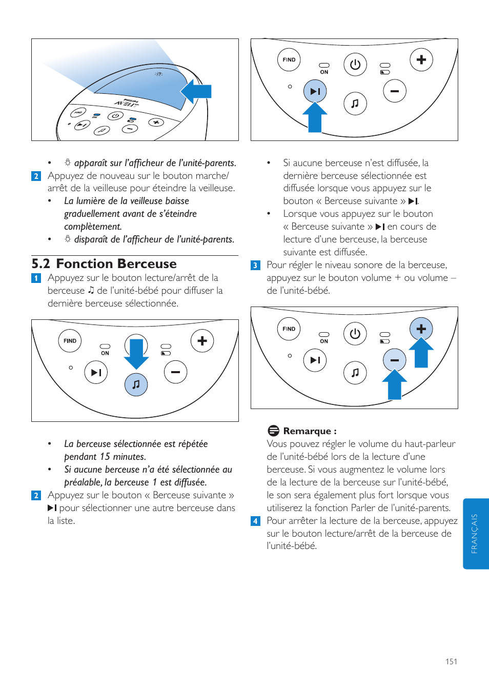 2 fonction berceuse | Philips AVENT Écoute-bébé DECT User Manual | Page 151 / 328