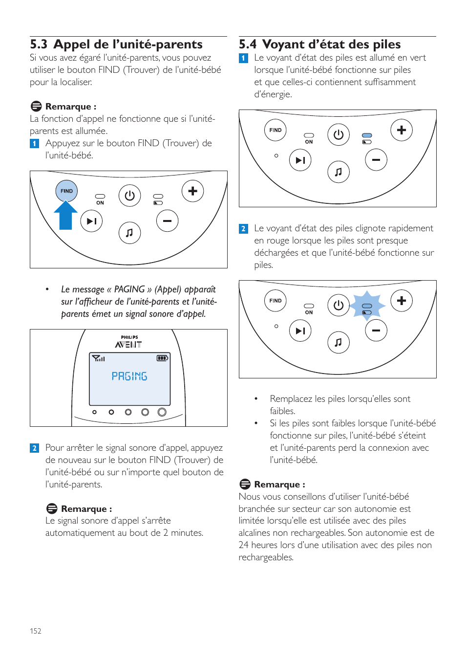 4 voyant d’état des piles, 3 appel de l’unité-parents | Philips AVENT Écoute-bébé DECT User Manual | Page 152 / 328