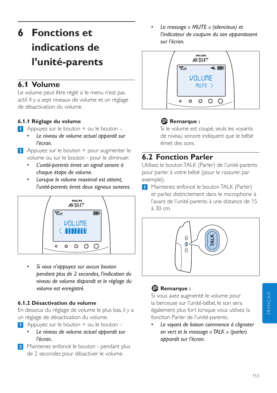 6 fonctions et indications de l’unité-parents, 2 fonction parler, 1 volume | Philips AVENT Écoute-bébé DECT User Manual | Page 153 / 328