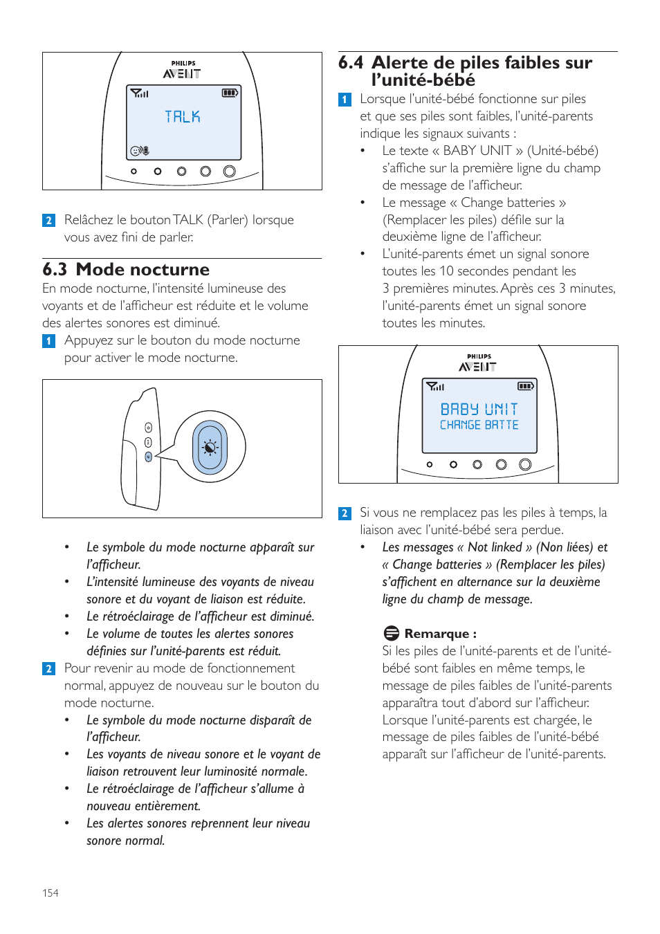 4 alerte de piles faibles sur l’unité-bébé, 3 mode nocturne | Philips AVENT Écoute-bébé DECT User Manual | Page 154 / 328