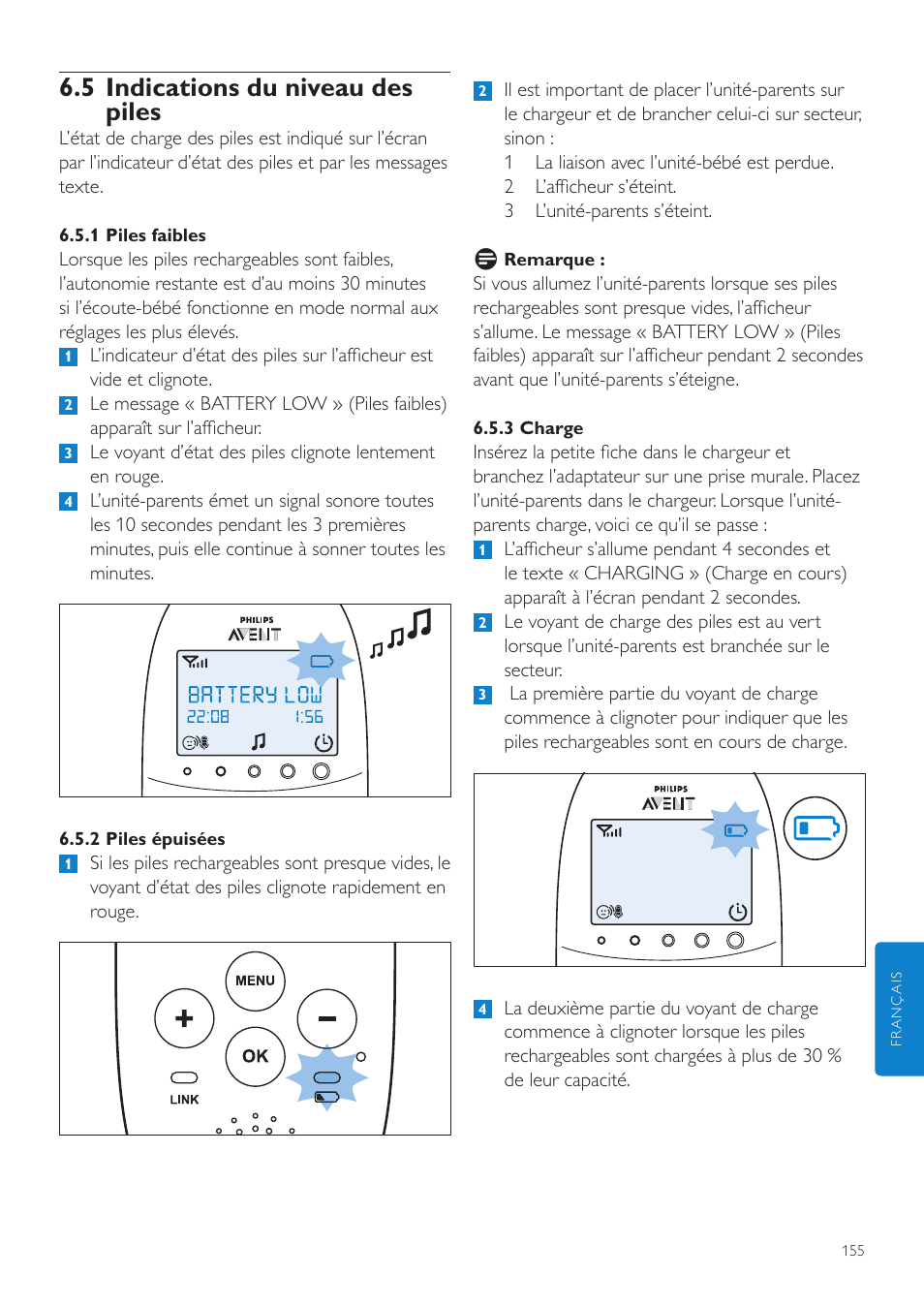 5 indications du niveau des piles | Philips AVENT Écoute-bébé DECT User Manual | Page 155 / 328