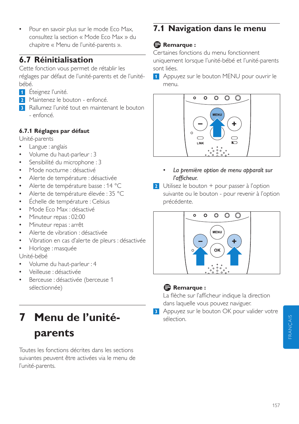 7 menu de l’unité- parents, 1 navigation dans le menu, 7 réinitialisation | Philips AVENT Écoute-bébé DECT User Manual | Page 157 / 328