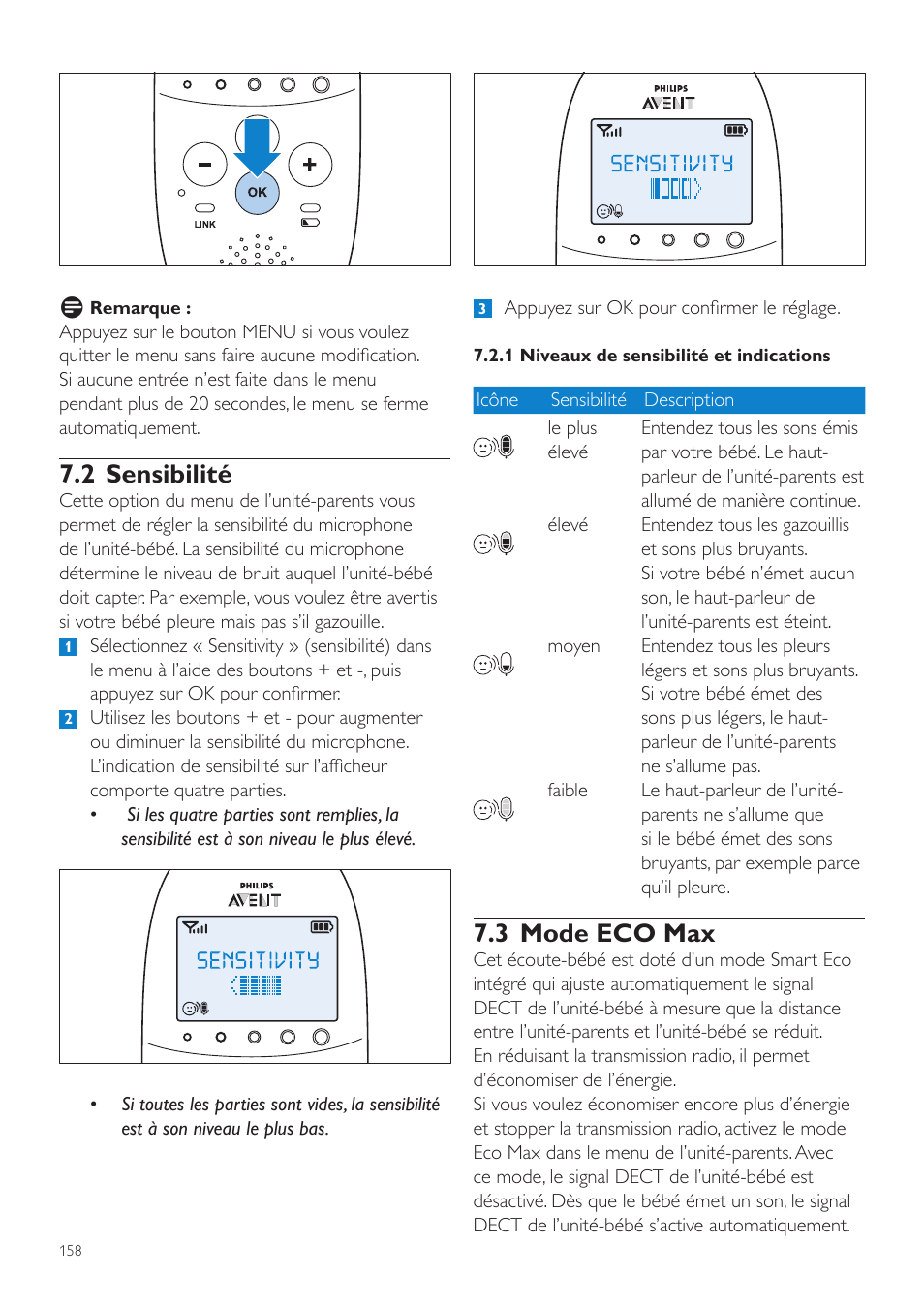 3 mode eco max, 2 sensibilité | Philips AVENT Écoute-bébé DECT User Manual | Page 158 / 328