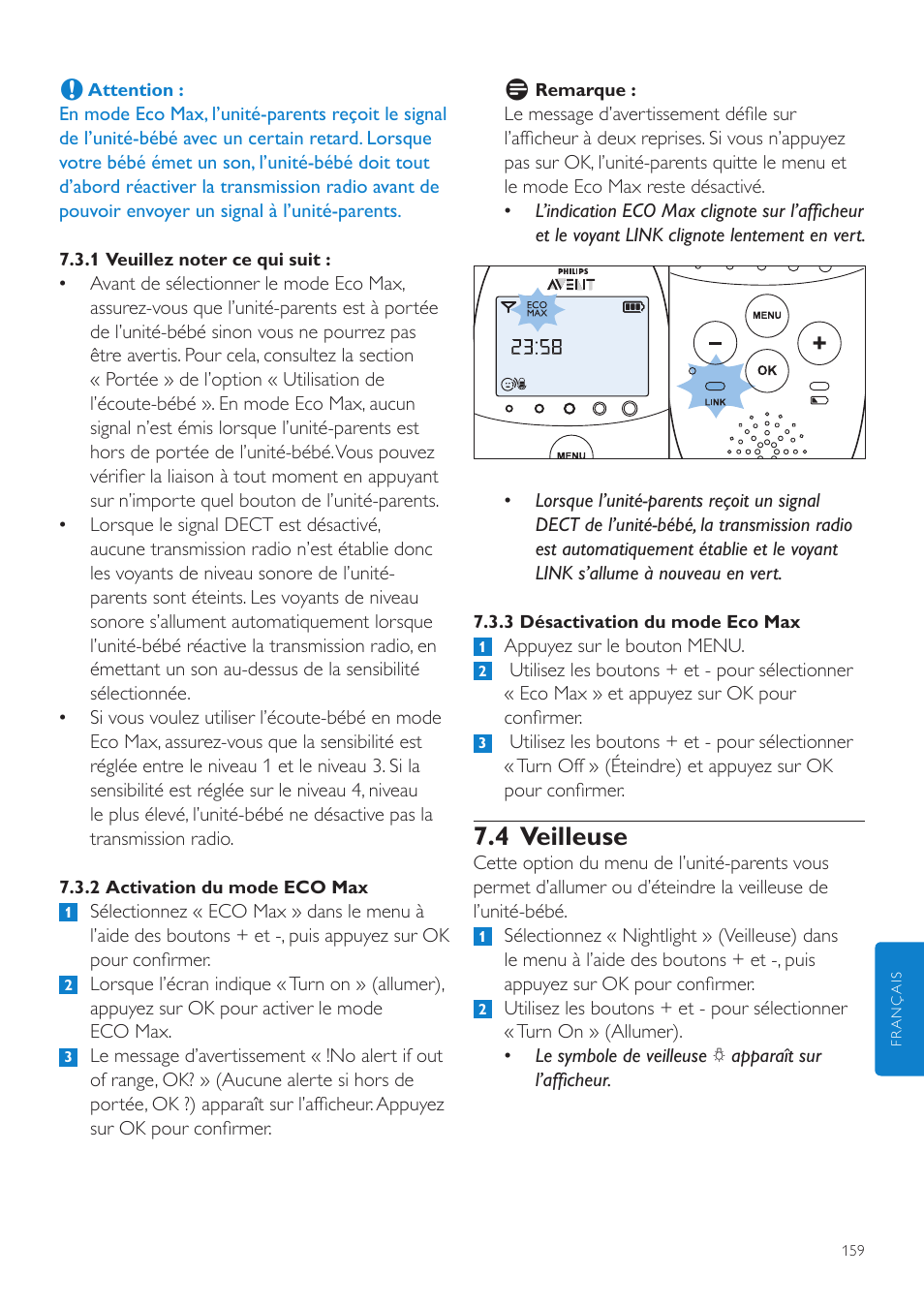 4 veilleuse | Philips AVENT Écoute-bébé DECT User Manual | Page 159 / 328