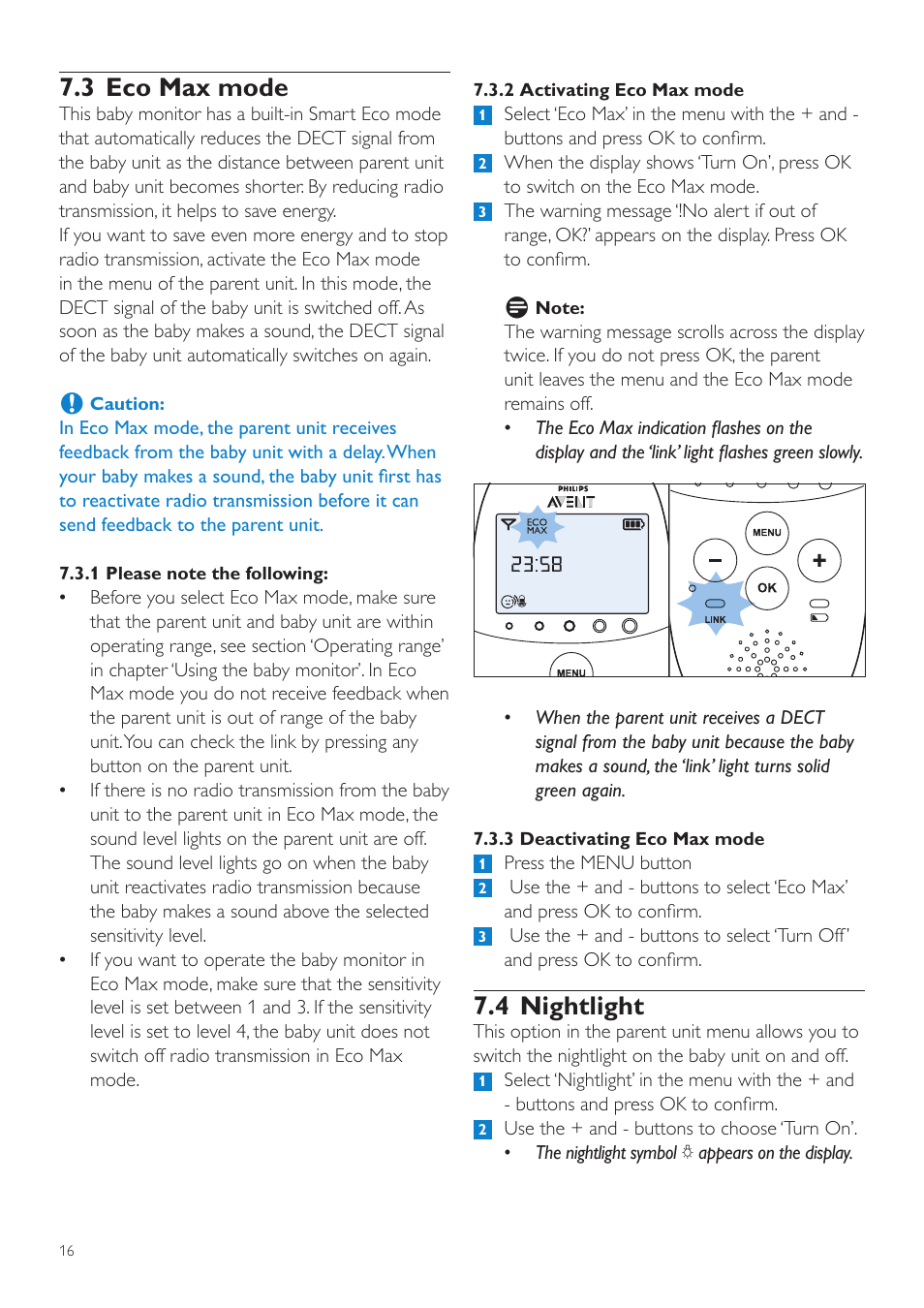 4 nightlight, 3 eco max mode | Philips AVENT Écoute-bébé DECT User Manual | Page 16 / 328