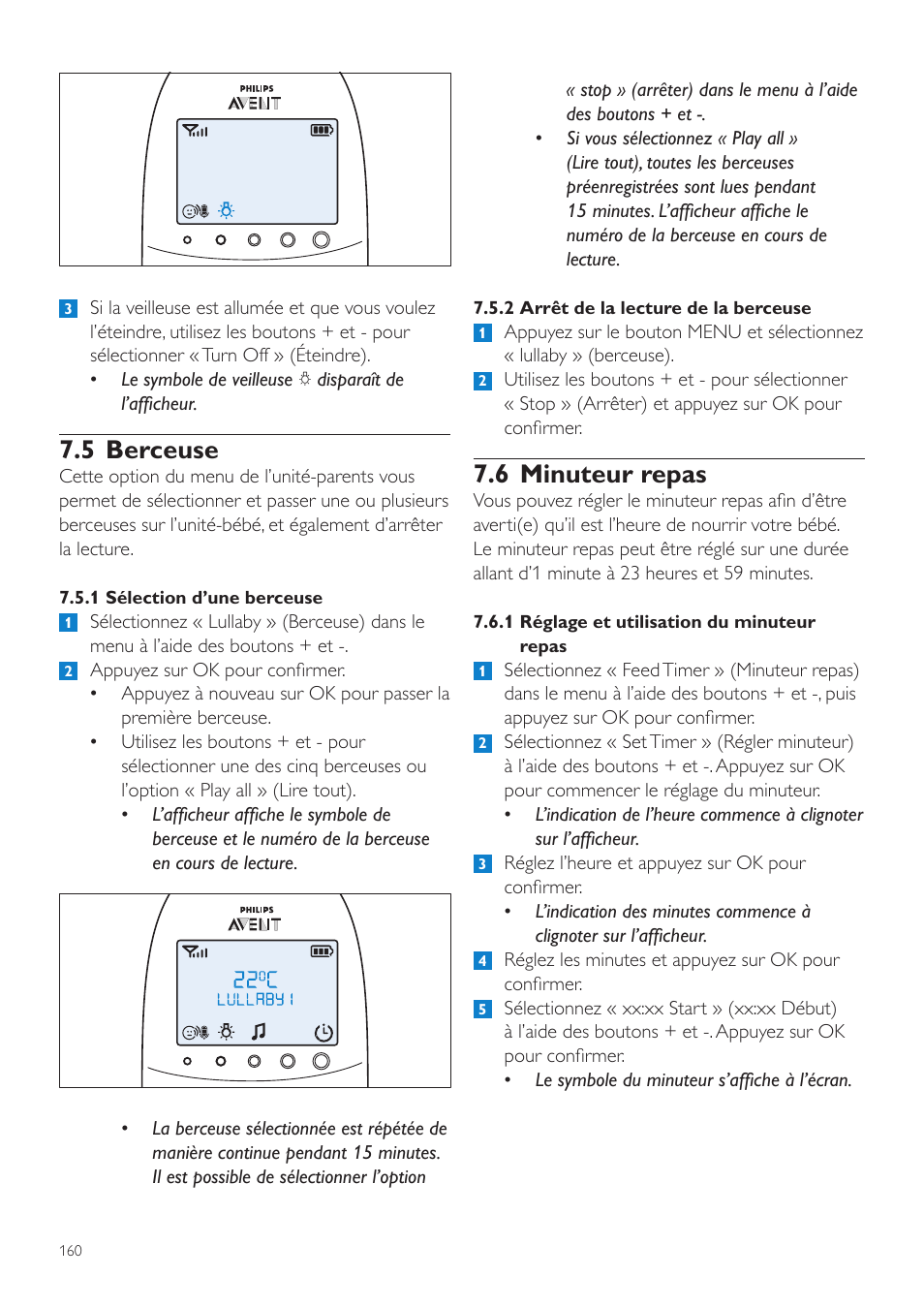 6 minuteur repas, 5 berceuse | Philips AVENT Écoute-bébé DECT User Manual | Page 160 / 328